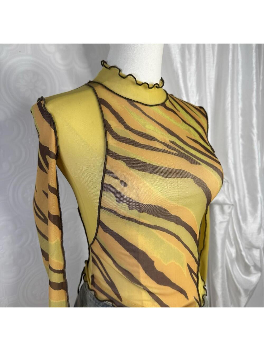 Urban Outfitters Sheer Mesh Top Small Green Asymmetrical Patchwork Animal Print - Picture 2 of 4